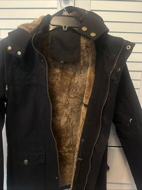 Men's Black Military-Style Parka with Brown Faux-Fur Lining